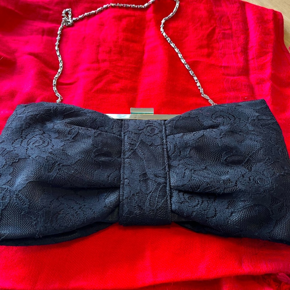 Adorbs black lace bow tie evening bag.